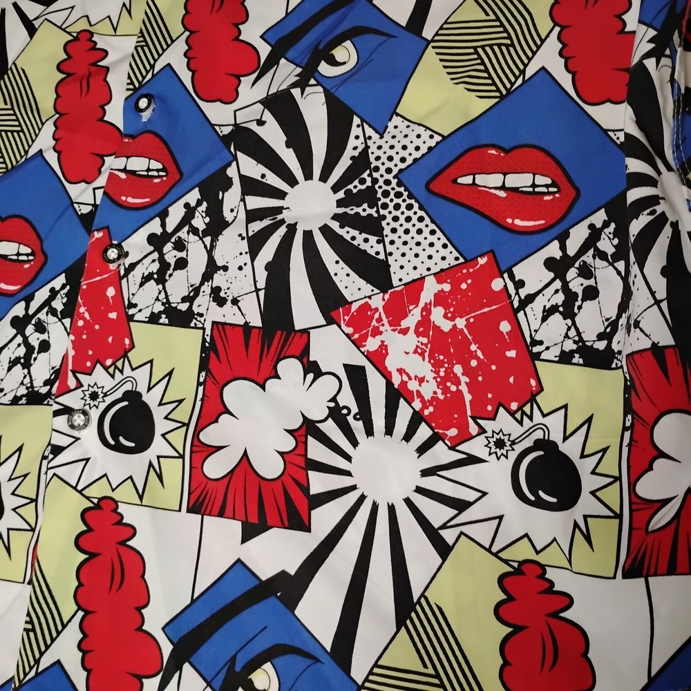 Blue Gear Comic Multi Color‎ Stretch Short Sleeve Button Abstract Graphics XL - Picture 6 of 16